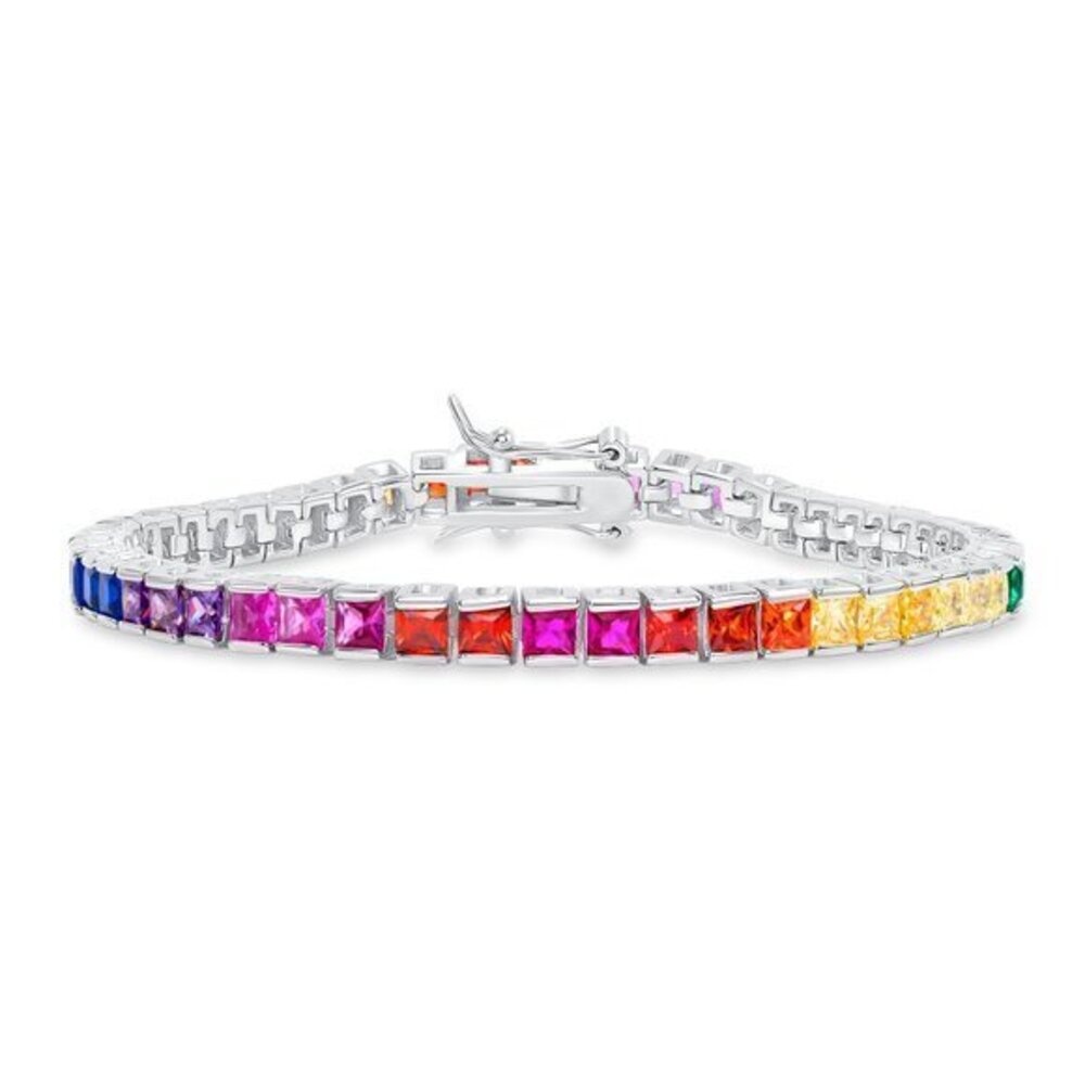 925 SILVER TENNIS BRACELET PRINCESS CUT RAINBOW